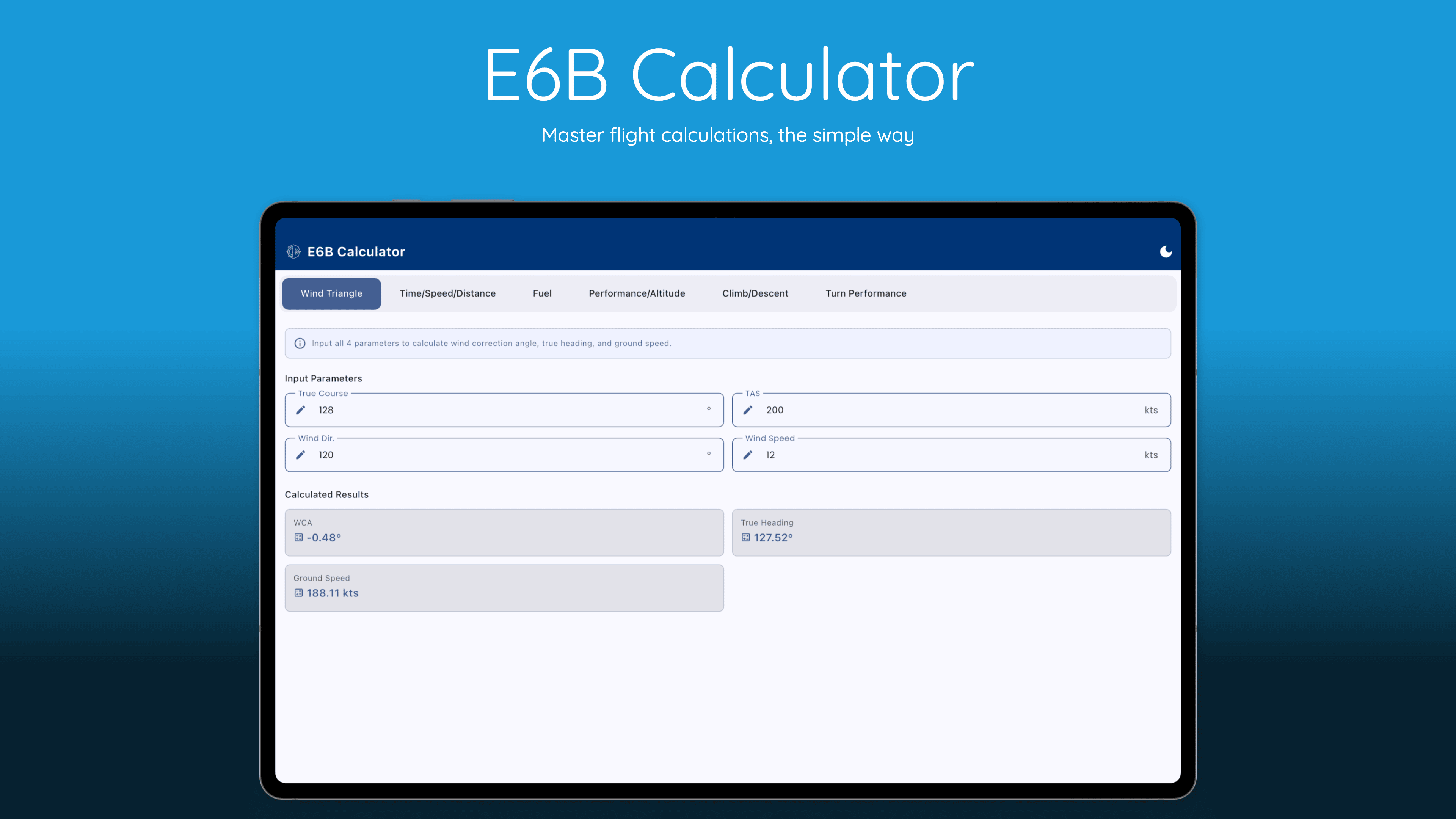 Pilot Kit E6B Flight Calculator interface showing fuel calculation, wind correction, and density altitude features